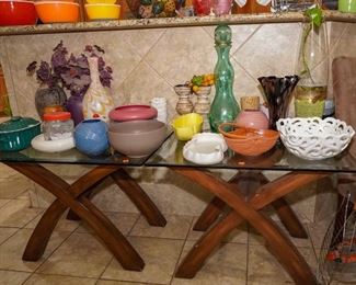 Living room tables and vintage pottery