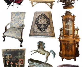 Solid Nephrite Jade Ming Dynasty Water Buffalos, Mid Century Modern Breakfast Table and Chairs, Robert E. Lee Commemorative Pistol, Baccarat, Maho Inlaid Walnut Marble Top Console Table, Fabulous Antique French Walnut Curio Cabinet, Carved Pipes, When Freedom is Challenged by Ken Payne, Commemorative Sam Houston Bowie Knife, Merritt Emanual, Ltd. Lucite Game Table, Stunning High End Custom Sectional Seating, Hand Carved Walnut Barometer, Fine Wool & Silk Rugs, Etc.