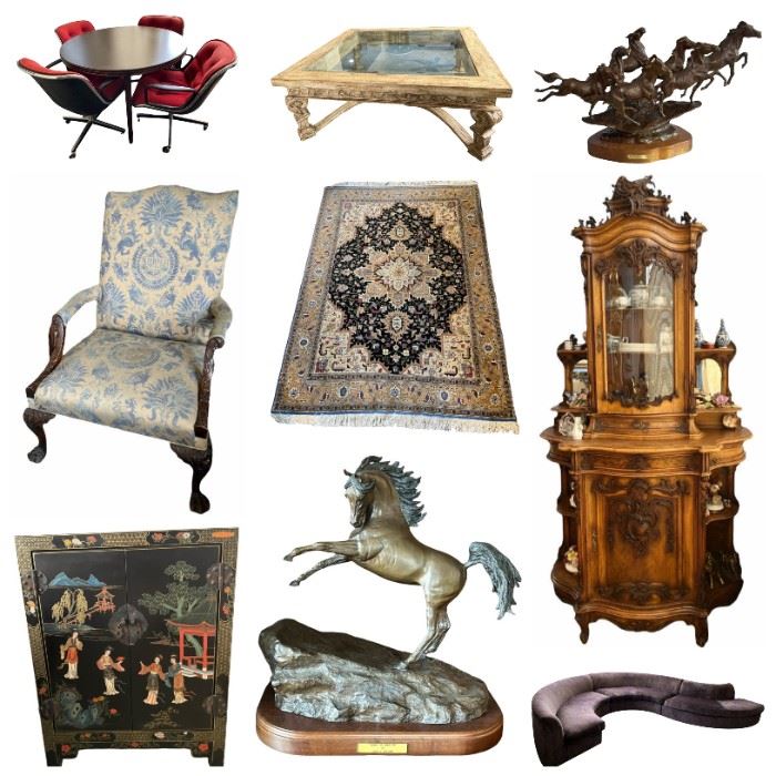 Solid Nephrite Jade Ming Dynasty Water Buffalos, Mid Century Modern Breakfast Table and Chairs, Robert E. Lee Commemorative Pistol, Baccarat, Maho Inlaid Walnut Marble Top Console Table, Fabulous Antique French Walnut Curio Cabinet, Carved Pipes, When Freedom is Challenged by Ken Payne, Commemorative Sam Houston Bowie Knife, Merritt Emanual, Ltd. Lucite Game Table, Stunning High End Custom Sectional Seating, Hand Carved Walnut Barometer, Fine Wool & Silk Rugs, Etc.
