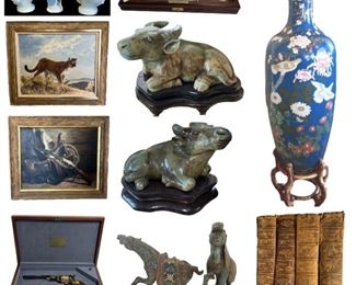 Solid Nephrite Jade Ming Dynasty Water Buffalos, Mid Century Modern Breakfast Table and Chairs, Robert E. Lee Commemorative Pistol, Baccarat, Maho Inlaid Walnut Marble Top Console Table, Fabulous Antique French Walnut Curio Cabinet, Carved Pipes, When Freedom is Challenged by Ken Payne, Commemorative Sam Houston Bowie Knife, Merritt Emanual, Ltd. Lucite Game Table, Stunning High End Custom Sectional Seating, Hand Carved Walnut Barometer, Fine Wool & Silk Rugs, Etc.