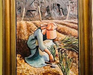 Lovely  Carved & Signed Chestee Harrington Wood Polychromatic Bas Relief called 
“ Shallots”