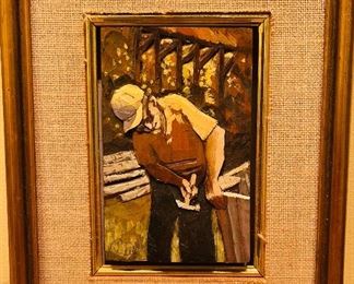  Signed Chestee Harrington Wood Polychromatic Bas Relief of Cajun Carpenter  “Fence Repair”