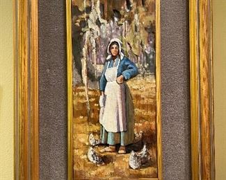 Signed Chestee Harrington Wood Polychromatic Bas Relief 
of “CajunWoman Feeding Chickens”