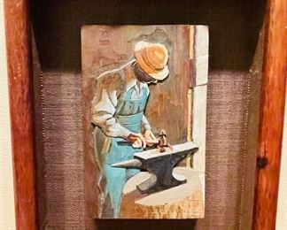 Signed Chestee Harrington Wood Polychromatic Bas Releif of 
“Creole Blacksmith”