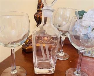 Etched “W” Decanter & Set of (4) Wine Glasses 