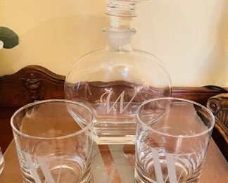Etched “W” Decanter with Set of (3) Bourbon Glasses
