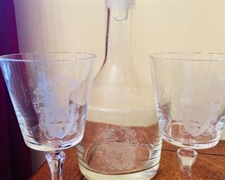 Etched “Wilson” Coat of Arms Decanter with Set of (14) Wine Glasses 