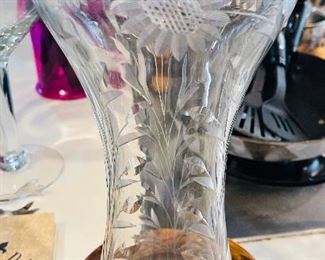 Lovely Etched Crystal Carafe/ Vase with Wooden Stand