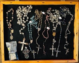 Collection of Vintage Rosaries and Religious Statuary