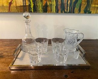 Set of four Baccarat cocktail glasses, crystal decanter and bar items