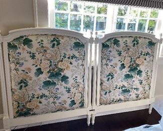 Great looking French twin beds joined to become a King size headboard. Great fabric