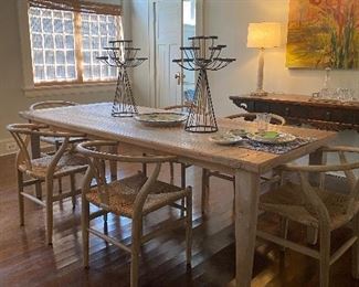 Cypress dining table and six Wishbone Scandinavian dining chairs