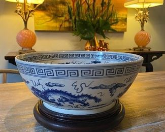 Large oriental blue and white bowl with custom stand
