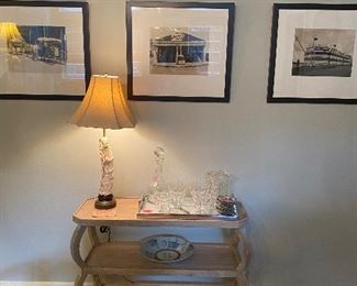 Three New Orleans framed photographs, console, and exquisite ivory carved lamp