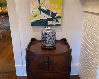 Lovely English potty cabinet, abstract oil and one of a pair of ginger jars