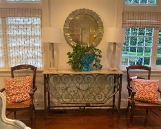 Terrific iron base console - 19c French. Purchased from Karla Katz Antiques, pair of distressed column lamps (Allain Bush Antiques)
