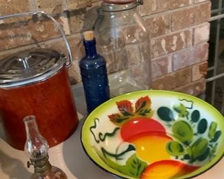 Enamel Bowl, Ice Bucket and Large Jar