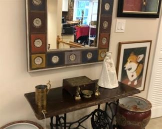 Antique singer cast iron sewing stand, large mirror, pair of large Asian Pots, artwork