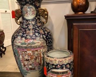 Huge painted Asian vase and umbrella stand 