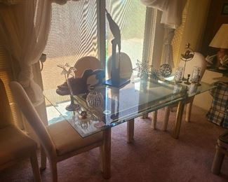 Mid-century modern glass & brass table w/6 chairs