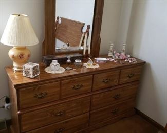 Dresser with mirror and matching chest of drawers, nightstand, headboard and bed frame