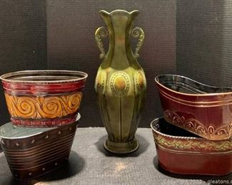 Five Pieces of Metal Decor Including A tall Green Vase