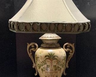 Hand Painted Urn Style Table Lamp with Sage Green Bell Shade