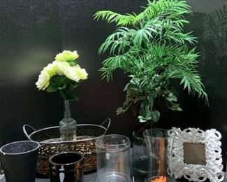 Home Decor Items Including A Woven Basket with Two Handles