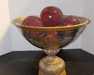 Large Goldtone Plaster and Glass Display Bowl Cointained 7 Shiny Red Decor Balls