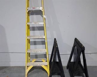 Pair Nice Stanley Saw Horses and Werner 6 Fiberglass Step Ladder