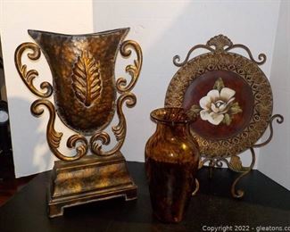 Pretty Decor in Browns Single Urn Like and Plate Decor and a Brown Vase