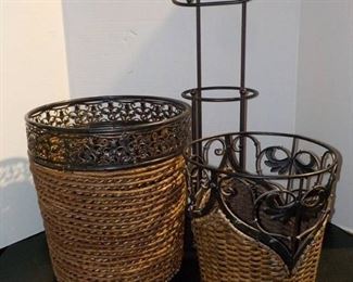 Set of 3 Wrought Iron and Dark Wicker Bathroom Needs