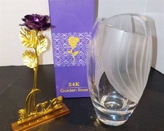 Vintage Cut Glass Semi Frosted Vase and a 24k Golden Rose