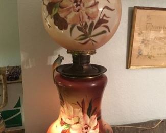 Converted Gone With The Wind Hand Painted Hurricane Lamp with 3 way light.