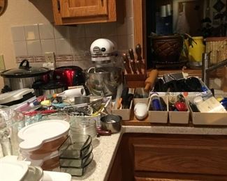 KitchenAide Mixer, Knives, Utensils, Pyrex