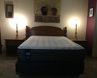 Full Size Sealy Mattress  and frame, Full size headboard detached, 2 Nightstands, 2 Lamps, Wall Hanging.