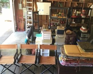 Garage Items: Canvas Folding Chairs, Lounge Chair Cushions, Storage Bins, Ladders, Hand Truck, Tall Shelf, and more.