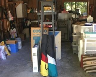 Folding Chairs in Carrying Bag, Tall Black Wood Shelf, Bird House, Fan in Box