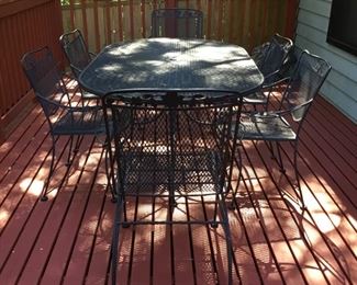 Wrought Iron Umbrella Table and 6 Arm Chairs