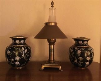 Two 9in Tall Urns, Brass Lamp