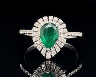 Pear Emerald & Diamond Halo Ring 14k Gold