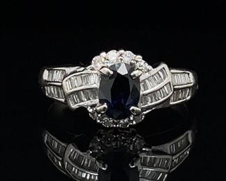 1.60CT Blue Sapphire & Diamond Ring 14k Gold