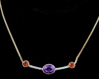 Gemstone Diamond Herringbone Necklace 14k Gold