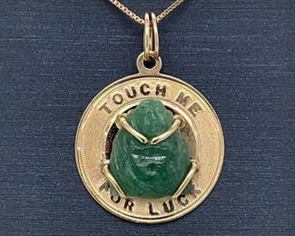 Good Luck Jade Buddha Medallion Charm in 14k Gold