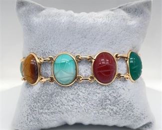 Carved Scarab Gem Double Link Bracelet in 14k Gold