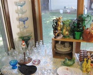 Cut Glass Clear, Blue and Green Candy Dishes, Vinegar & Oil Bottles,--Princess House Fantasia Crystal Cruet Oil & Vinegar, Vintage Hobnail Fading Milkglass Bottle,  Goddesses Greek Pottery Pitchers, Forest Green Anchor Hocking Pitcher, Vintage Toscany Italy Neopolitan Green Glass Pitcher, Indiana Glass Blue-Green Carnival Glass Pitcher-Harverst Grape and Leaf Pattern 