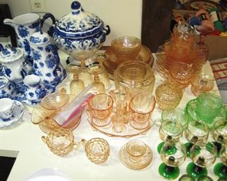 Pink and Green Depression Glass, Blue Dishes, Coffee/Tea Set