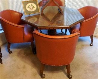Octagon Game / Dinette Table with Orange Vinyl Chairs 