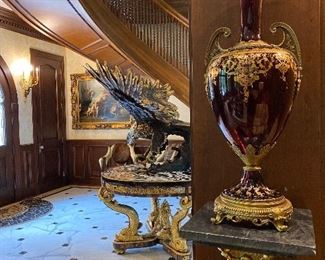 Marble pillar display platforms and exquisite vases sold in pairs only.  inlaid Marble and gold entry table.