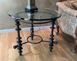 Giacometti Style round bronze metal three-quarter inch glass center side table